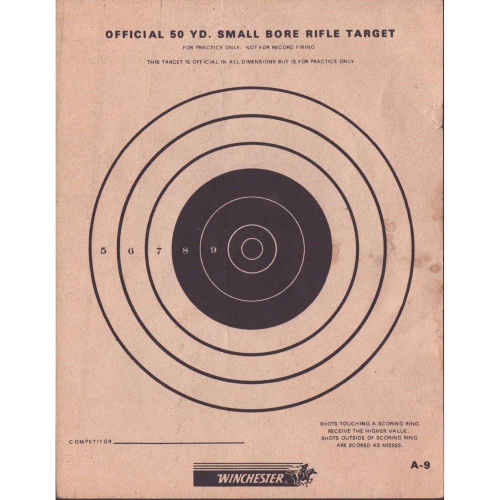 Vintage Winchester A-9 Official 50 Yard Small Bore Rifle Target Practice Paper